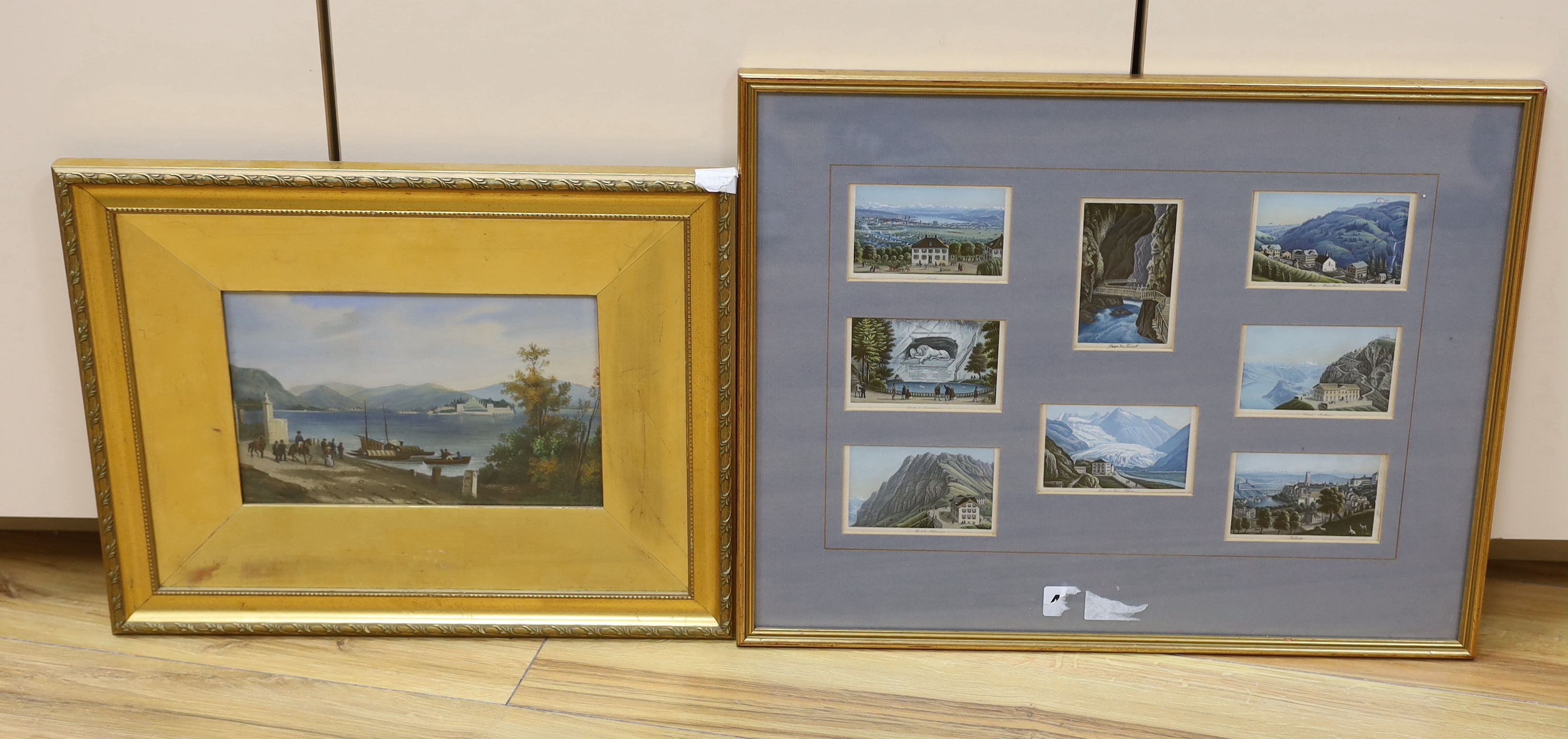 Anglo-Chinese School, watercolour, Figures on the waterside with temple beyond, possibly an overpainted print, 15 x 24cm, and a framed set of eight Swiss topographical printed views